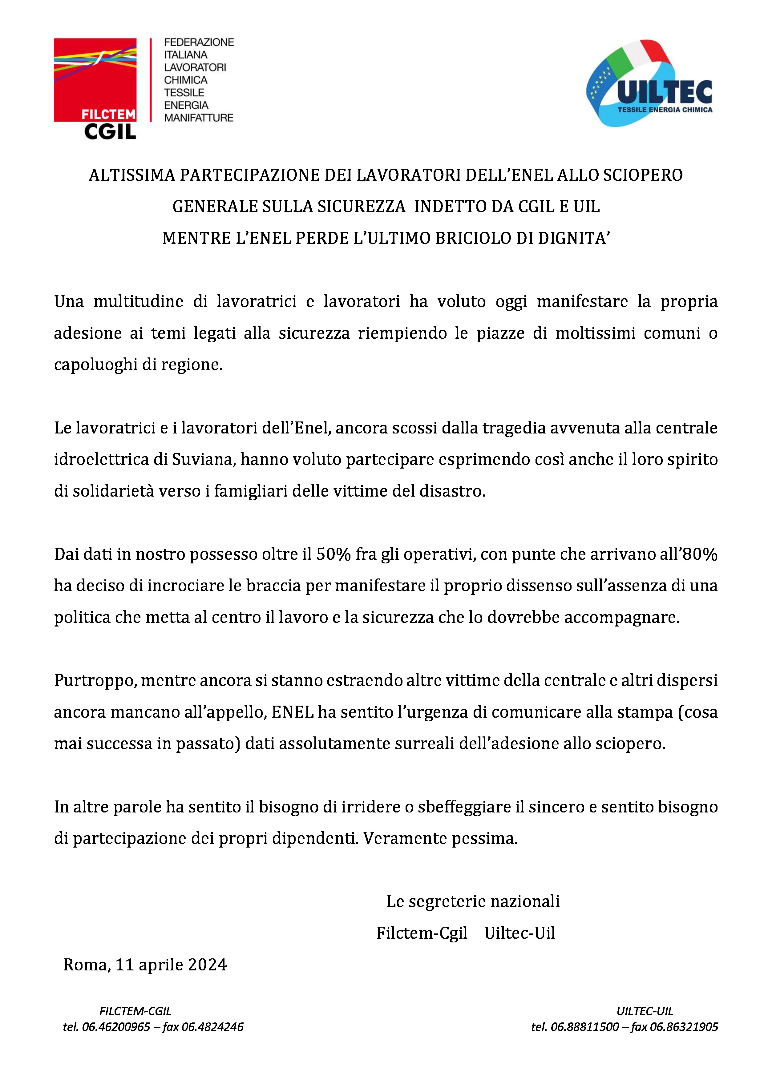 ALTISSIMA PARTECIPAZIONE DEI LAVORATORI DELL’ENEL ALLO SCIOPERO GENERALE SULLA SICUREZZA INDETTO DA CGIL E UIL